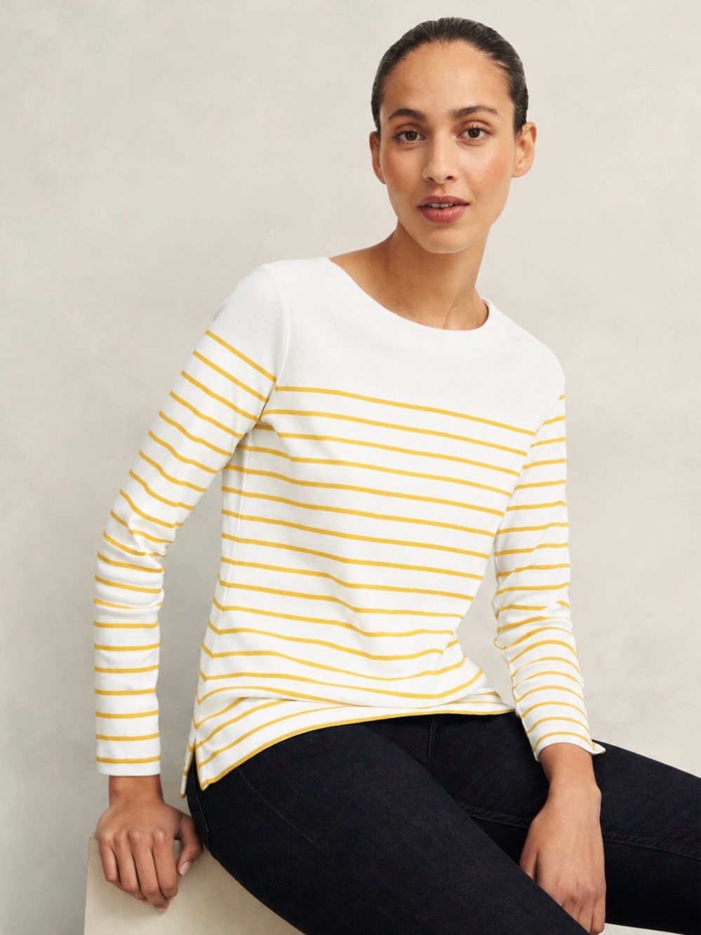 Hobbs of London White & Yellow Stripe Long-Sleeve Cotton Boatneck Top Size M
